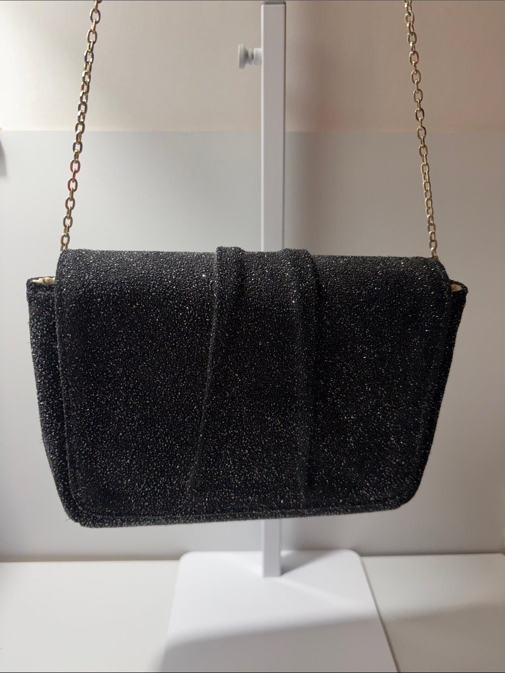 Lauren Merkin Black Glitter Mini Shoulder Bag with Gold Chain